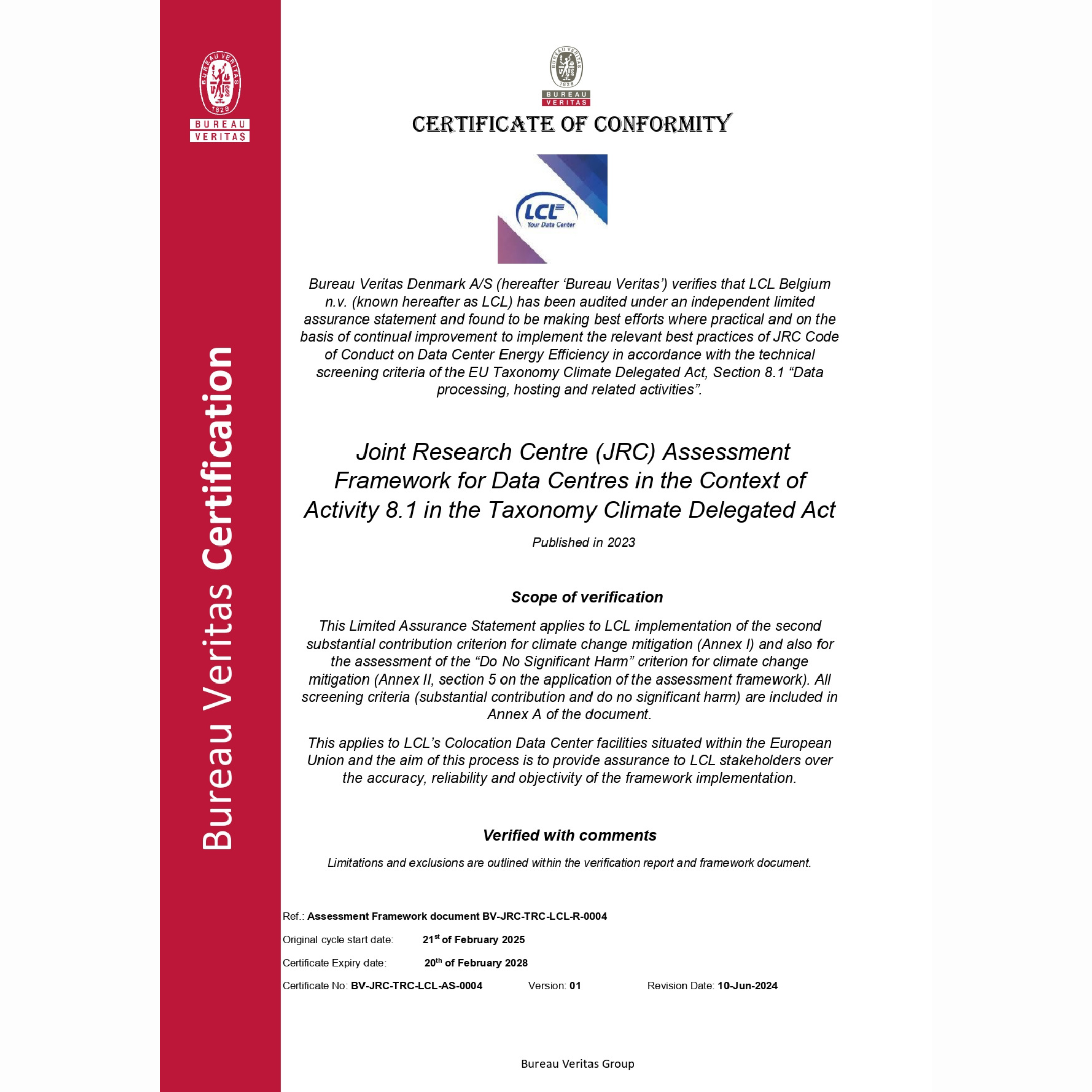 LCL's Certificate of Conformity for EU Code of Conduct